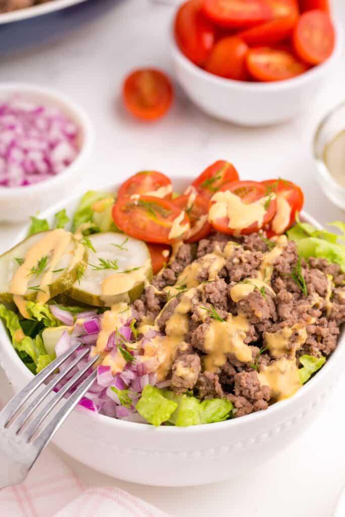 Burger bowl with burger sauce drizzled on top. Bowl is surrounded by small bowls of halved tomatoes and chopped purple onion.