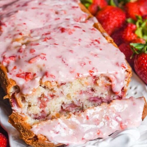 Strawberry bread with slice cut.