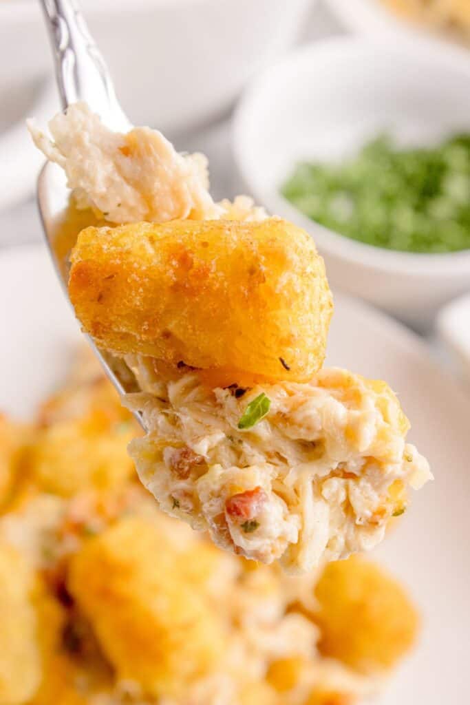 Close up of the chicken tater tot casserole on a fork ready to be eaten.