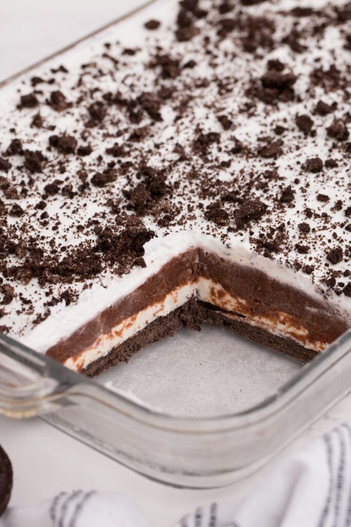 Interior of sliced chocolate lasagna.