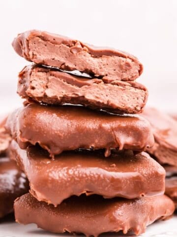 Cool Whip candy stacked up. The top piece is cut in half to show cross section.