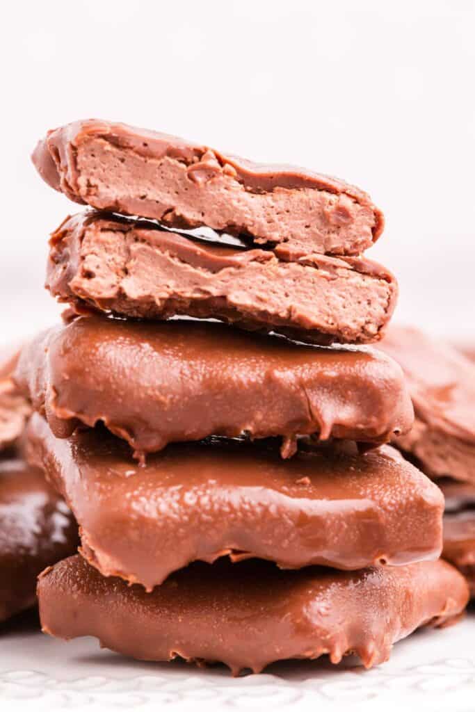 Cool Whip candy stacked up. The top piece is cut in half to show cross section.