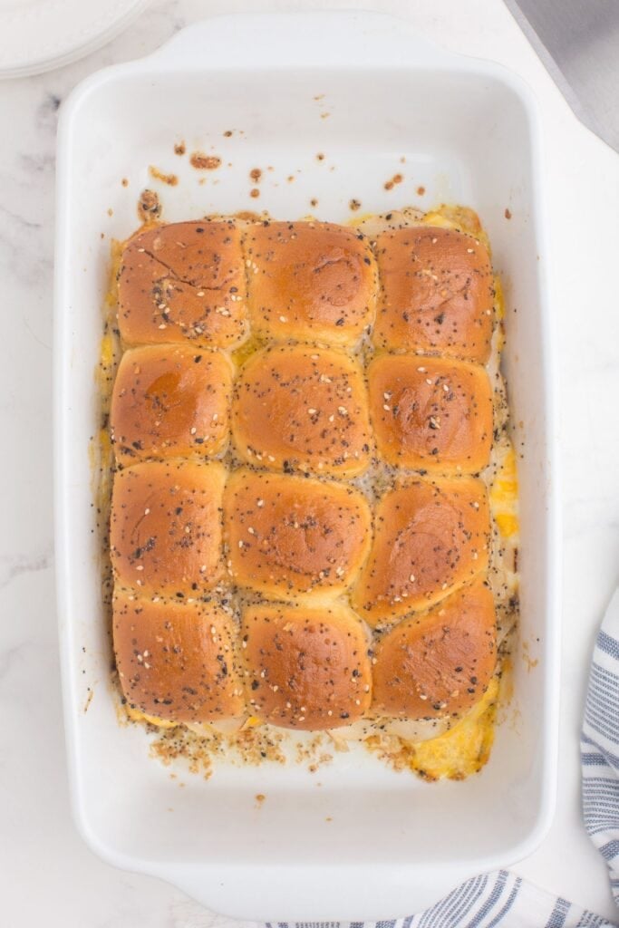 Completed turkey sliders in a baking dish.