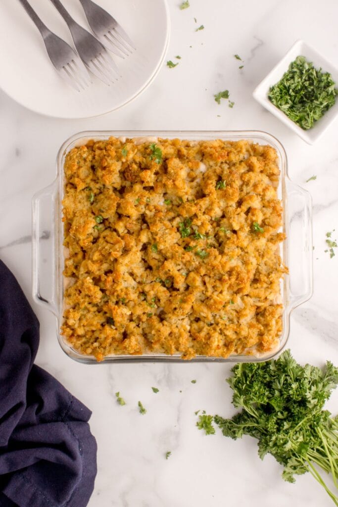 Completed turkey stuffing casserole.