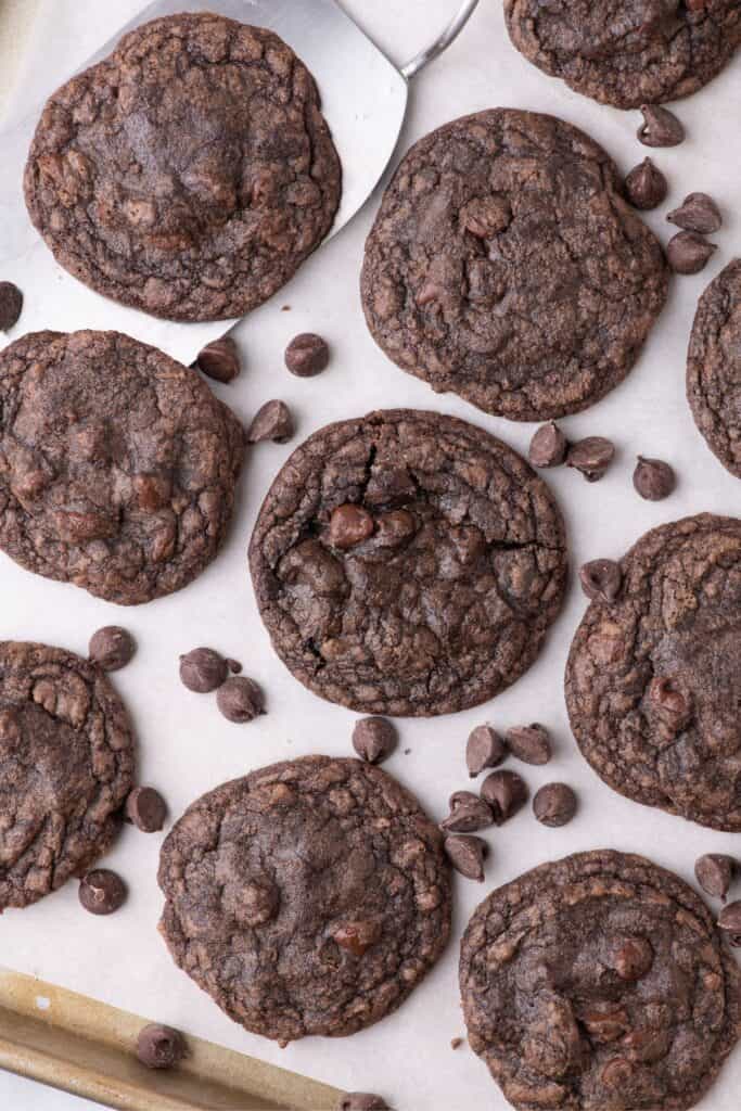 Completed fudge cookies on a parchment lined baking sheet. Chocolate chips are scattered across the baking tray.