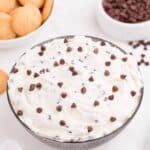 A bowl of completed cookie dough dip with sprinkled chocolate chips on top.
