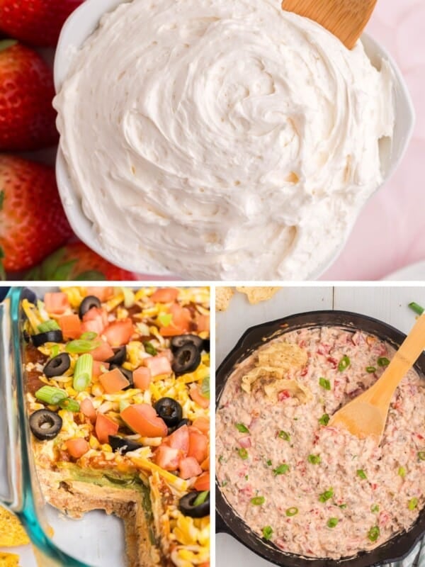 3 cream cheese dip recipes: cool whip fruit dip, taco dip, and sausage dip.