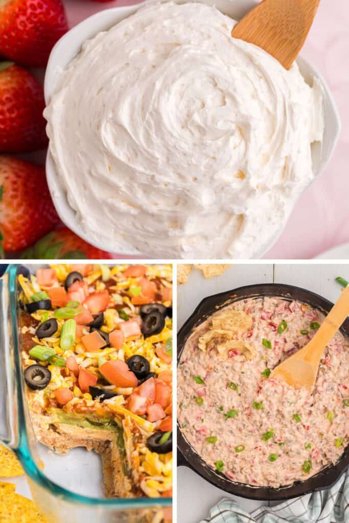 3 cream cheese dip recipes: cool whip fruit dip, taco dip, and sausage dip.