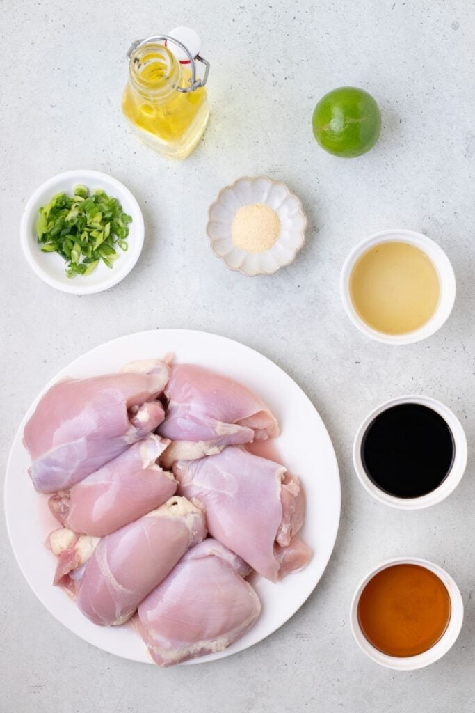 Ingredients for baked boneless chicken thighs: soy sauce, honey, chicken broth, vegetable oil, garlic powder, skinless boneless chicken thighs, green onion, and lime juice.