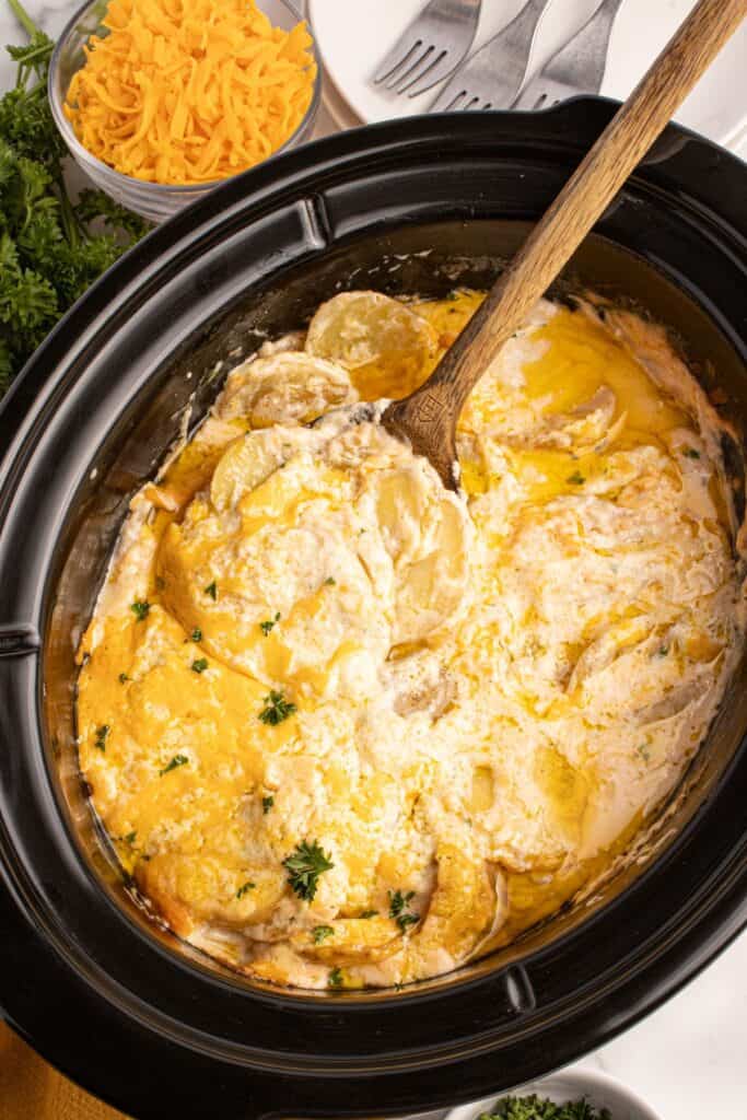 A wooden spoon scooping a serving of scalloped potatoes out of the crockpot insert.