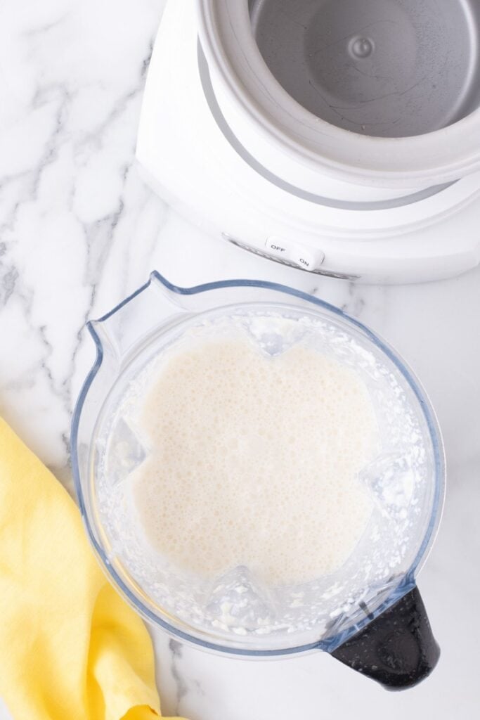 Pineapple ice cream base is in a large blender canister.