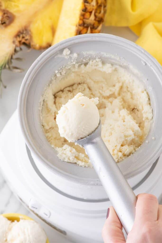 Pineapple ice cream in a frozen ice cream maker. A hand is lifting a scoop of ice cream out of the ice cream maker.