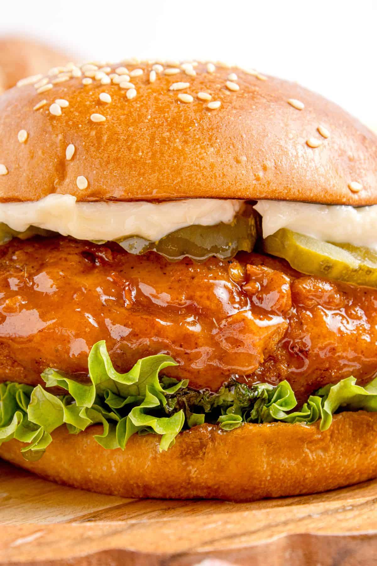 Completed hot honey chicken sandwiches.