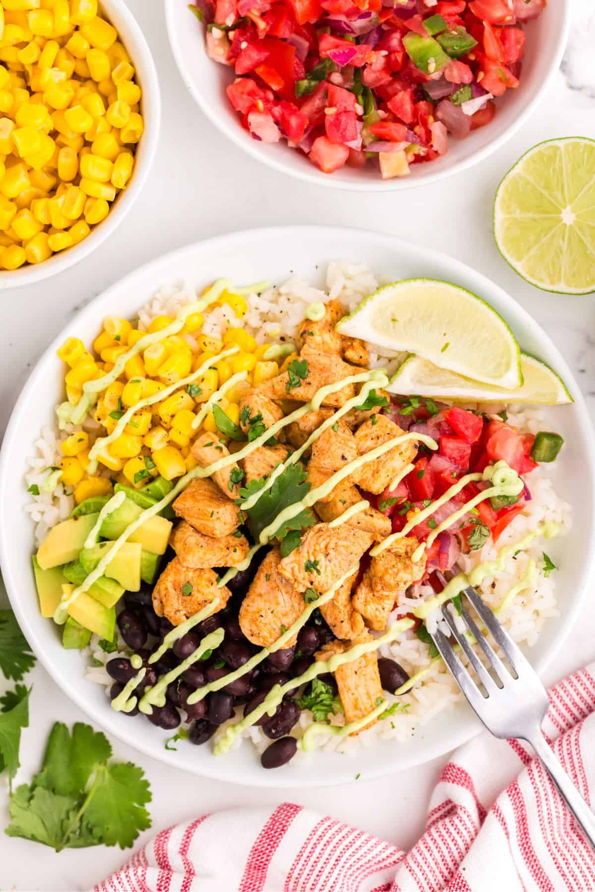 Burrito bowl with avocado sauce.