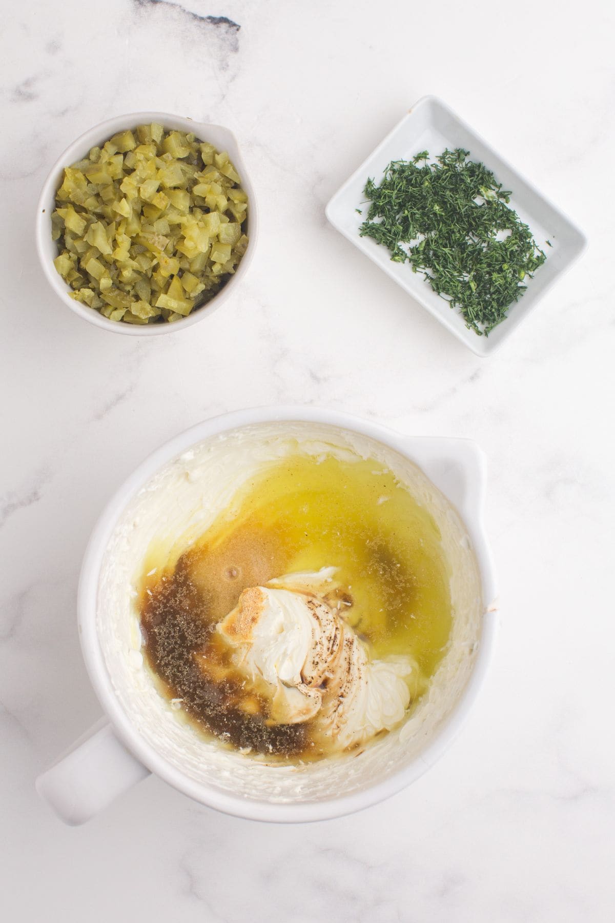 Dill pickle juice, garlic powder, and worcestershire sauce added to the dip.
