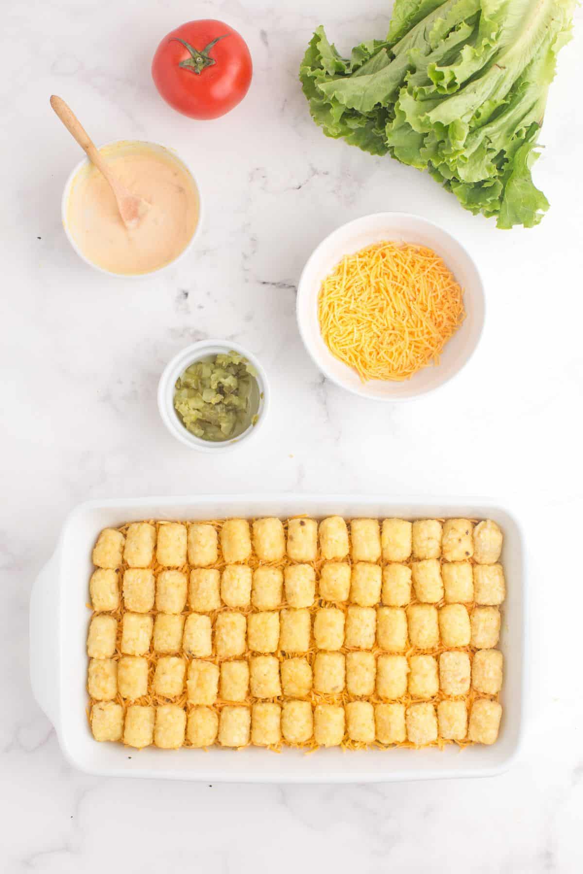 Top casserole with tater tots.