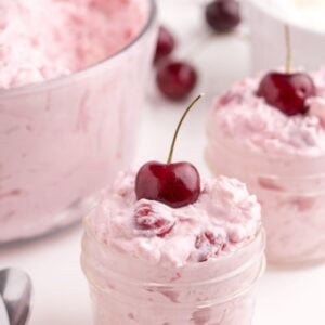 Cherry fluff in small glass ramekins.