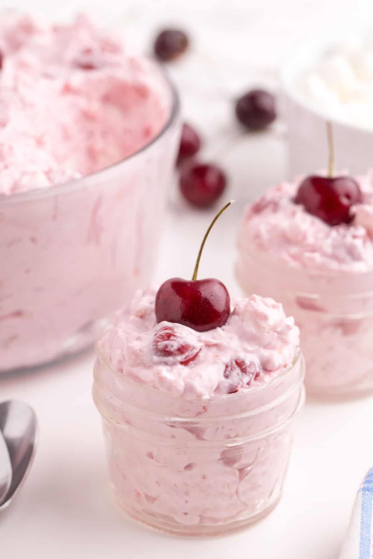 Cherry fluff in small glass ramekins.