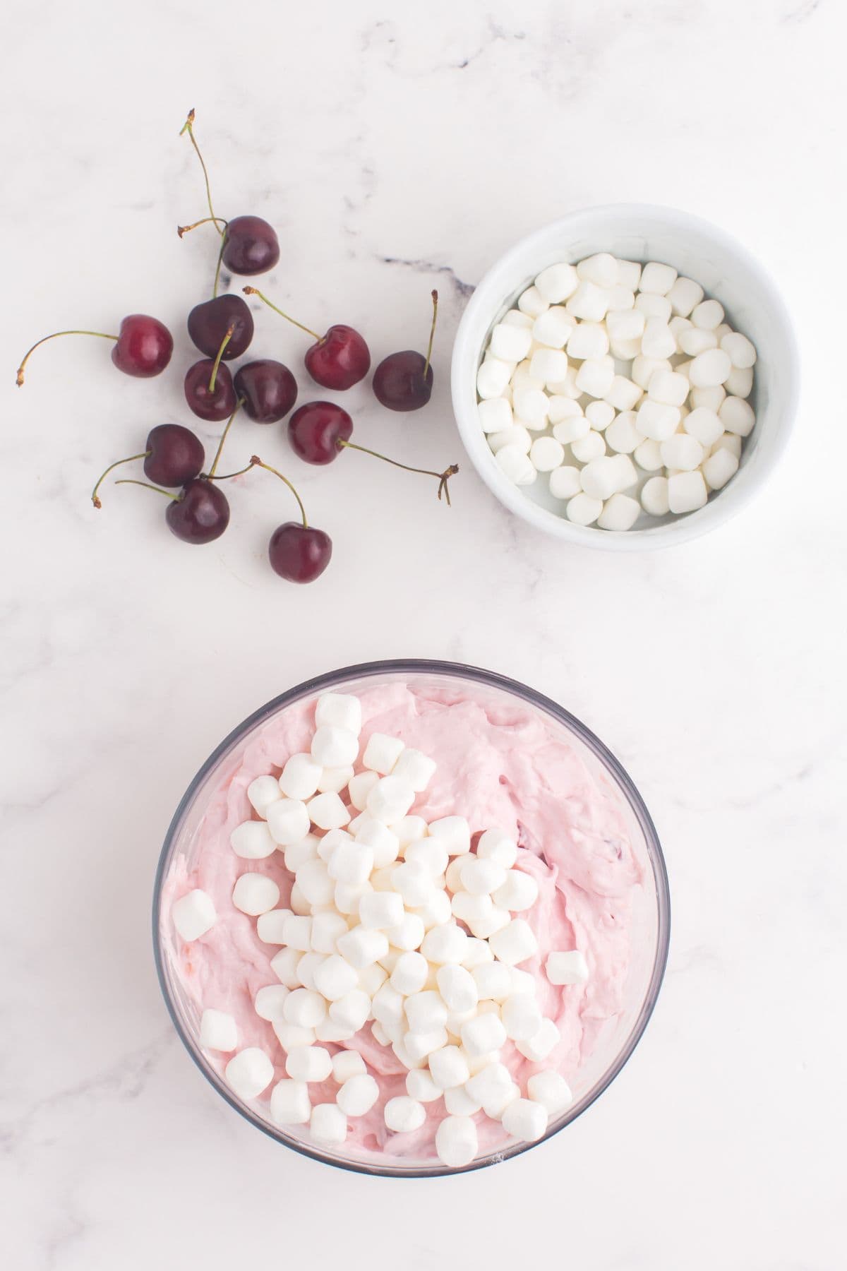 Marshmallows added to the cherry fluff.