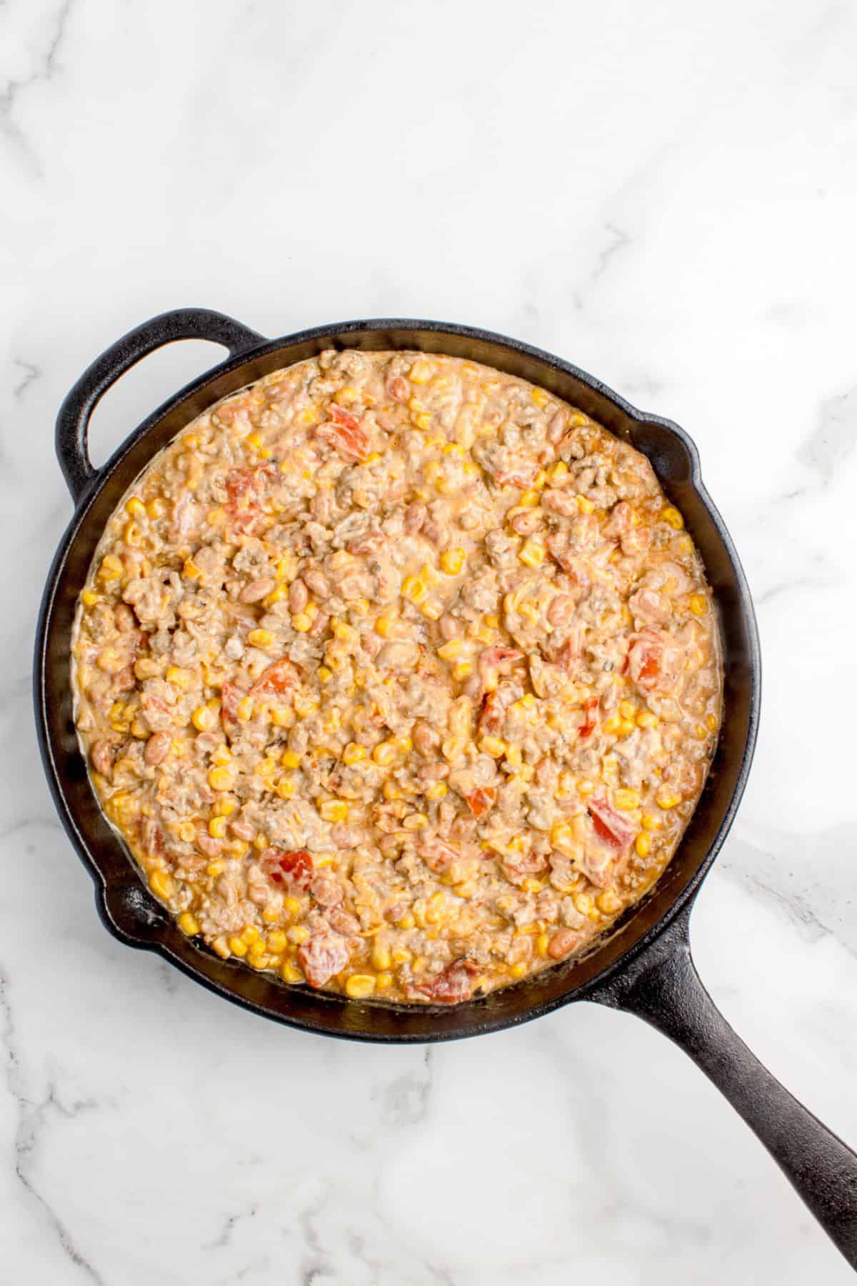 Filling combined in a cast iron pan.