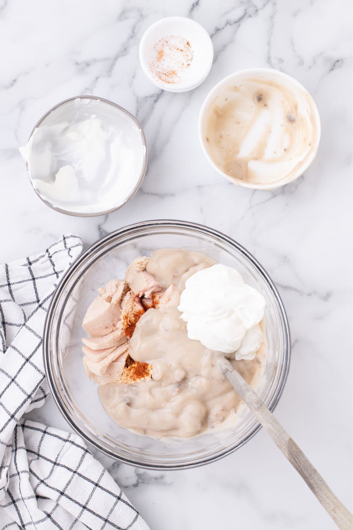 Soup, sour cream, tuna, and seasonings combined into a sauce.