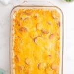 Completed pierogi casserole in a glass baking pan.