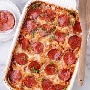 Baked pizza casserole right out of the oven.