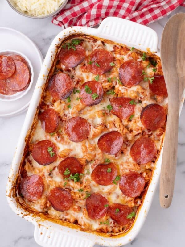 Baked pizza casserole right out of the oven.