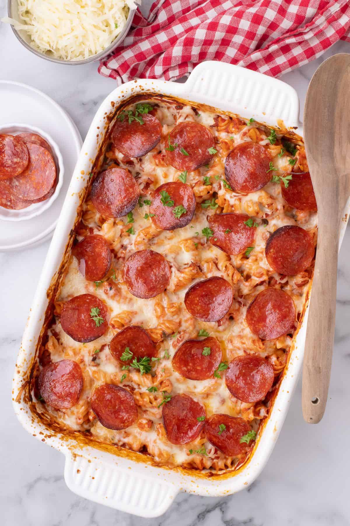 Baked pizza casserole right out of the oven.
