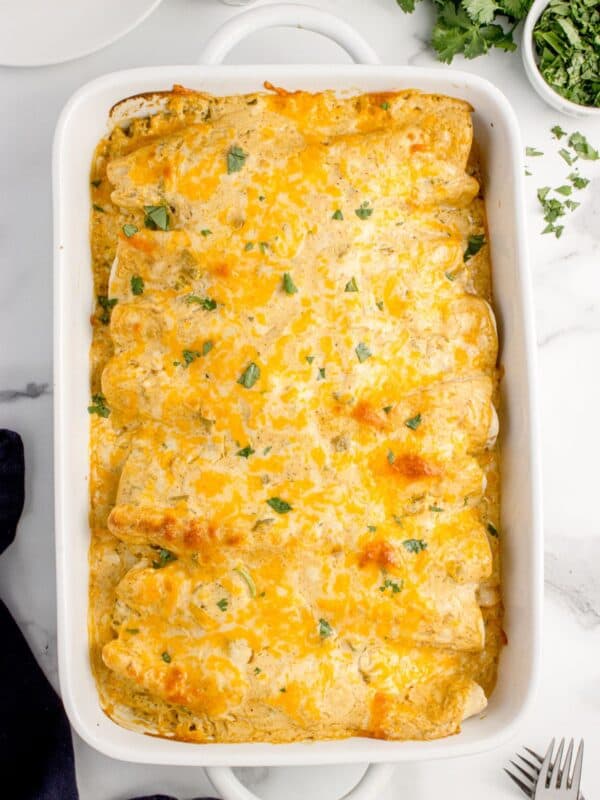Overhead shot of the sour cream enchiladas right out of the oven.