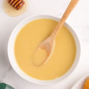 Completed 3 Ingredient honey mustard in a small white bowl.
