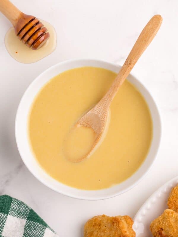 Completed 3 Ingredient honey mustard in a small white bowl.