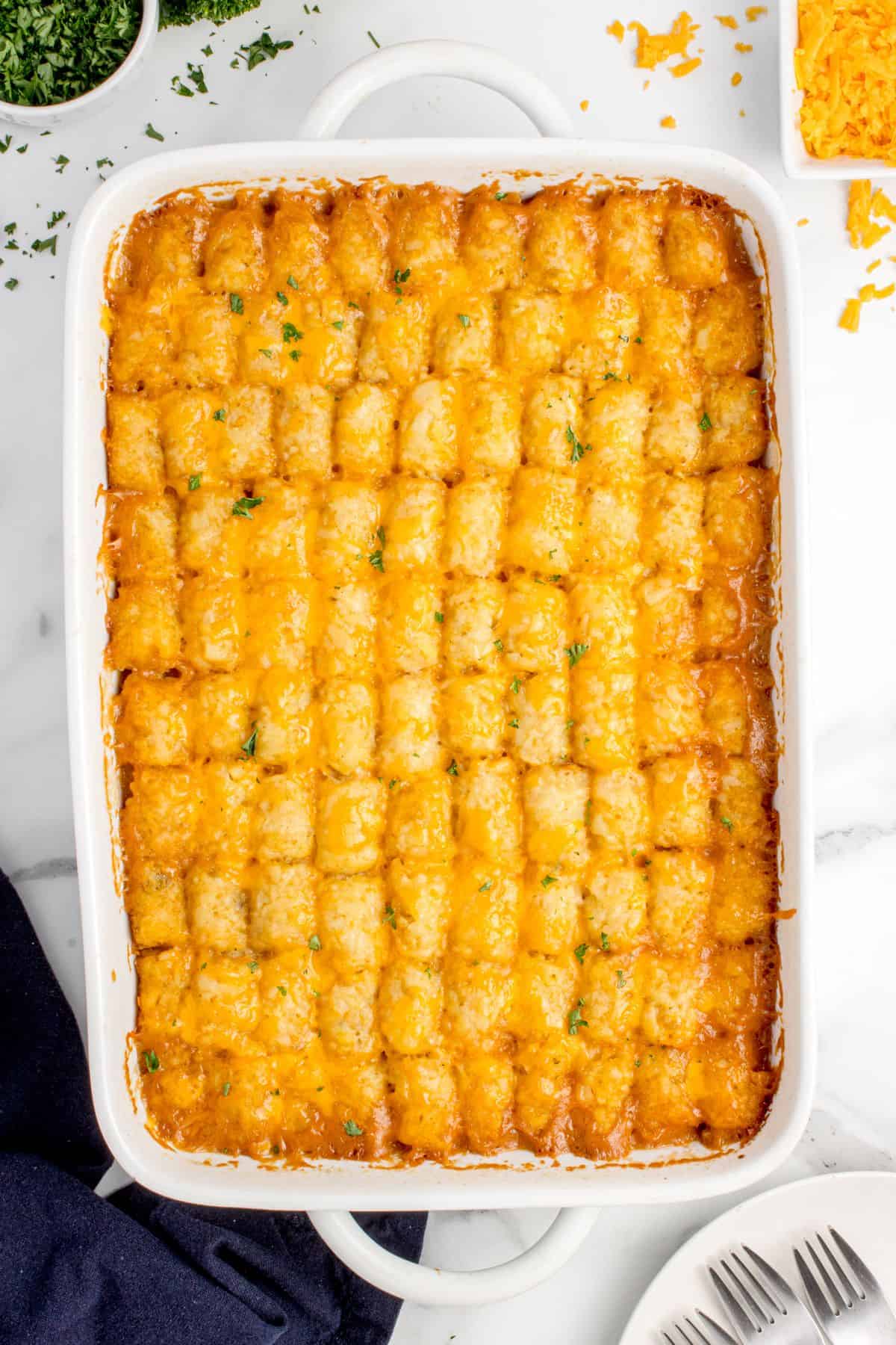 Overhead shot of the cowboy casserole with tater tots right out of the oven.