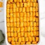 Baked hot dog casserole right out of the oven with the cheese melted on top.