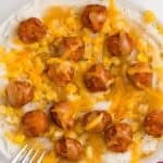 Over top view of the KFC bowl recipe with popcorn chicken and mashed potatoes in a bowl.
